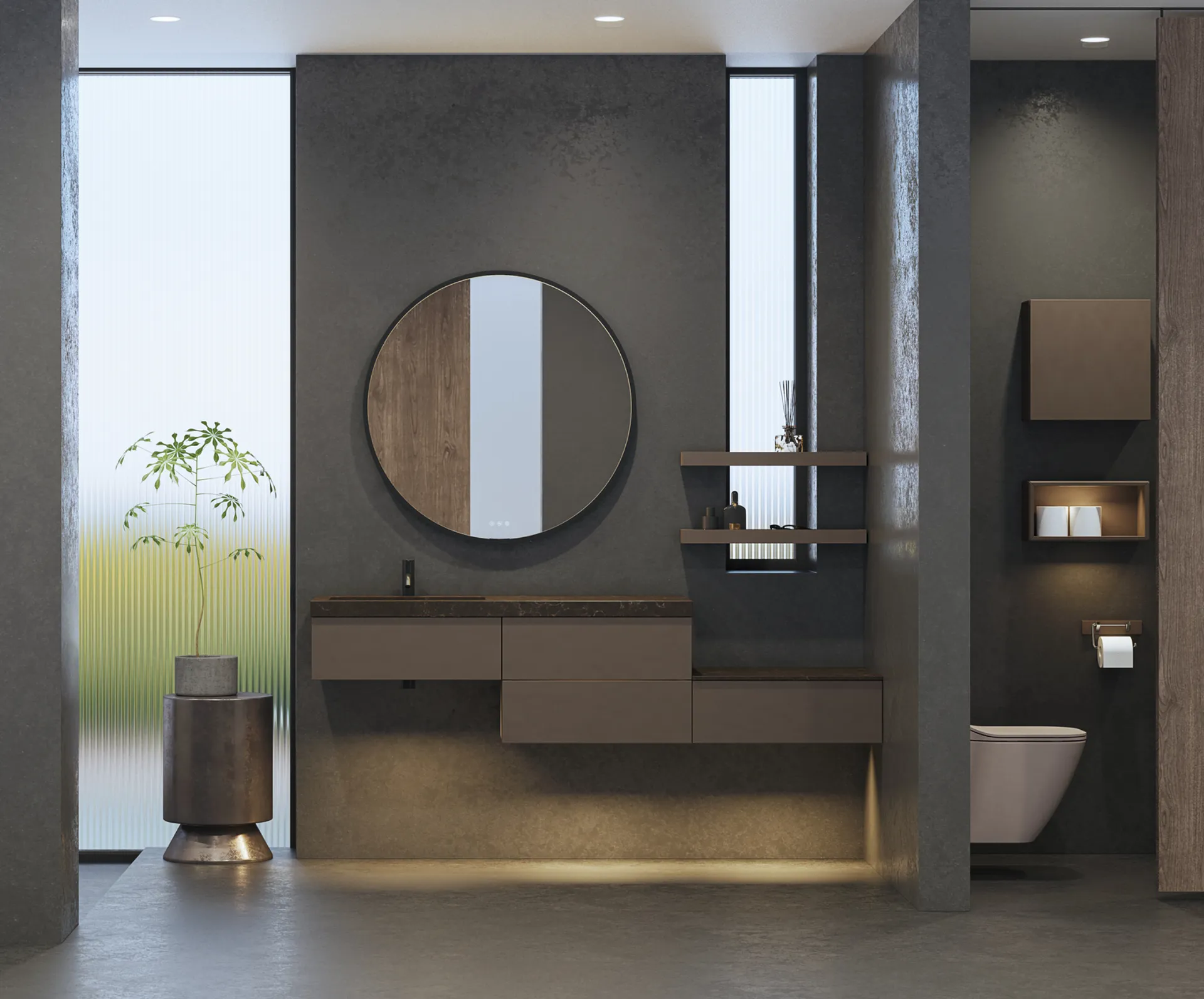 Stylish and spacious bathroom inspiration with a large round mirror with a black frame, dark stone sink, colored toilet, upper cabinet, and open shelf in a sophisticated and muted design