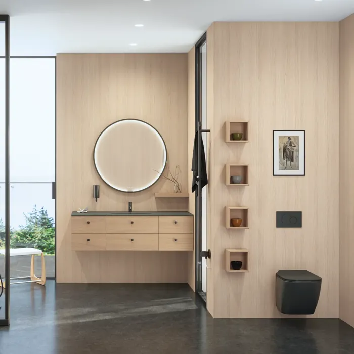 Stylish bathroom in Scandinavian and Japandi design with light wood walls, round mirror, and minimalist bathroom furniture