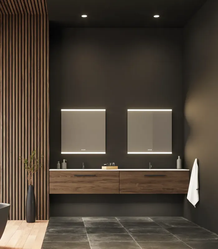 Large bathroom inspiration with vanity units and brown oak slats, freestanding bathtub, and square mirrors with light, elegant double sink gives a modern and symmetrical look