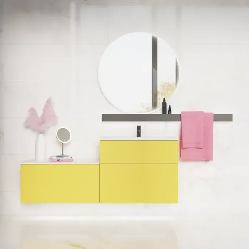 Large bathroom inspiration with a yellow vanity unit with an elegant white sink and countertop, stylish black shelf, and beautiful round mirror with white border, white marble walls and floor, and small black tiles give a modern and urban look.